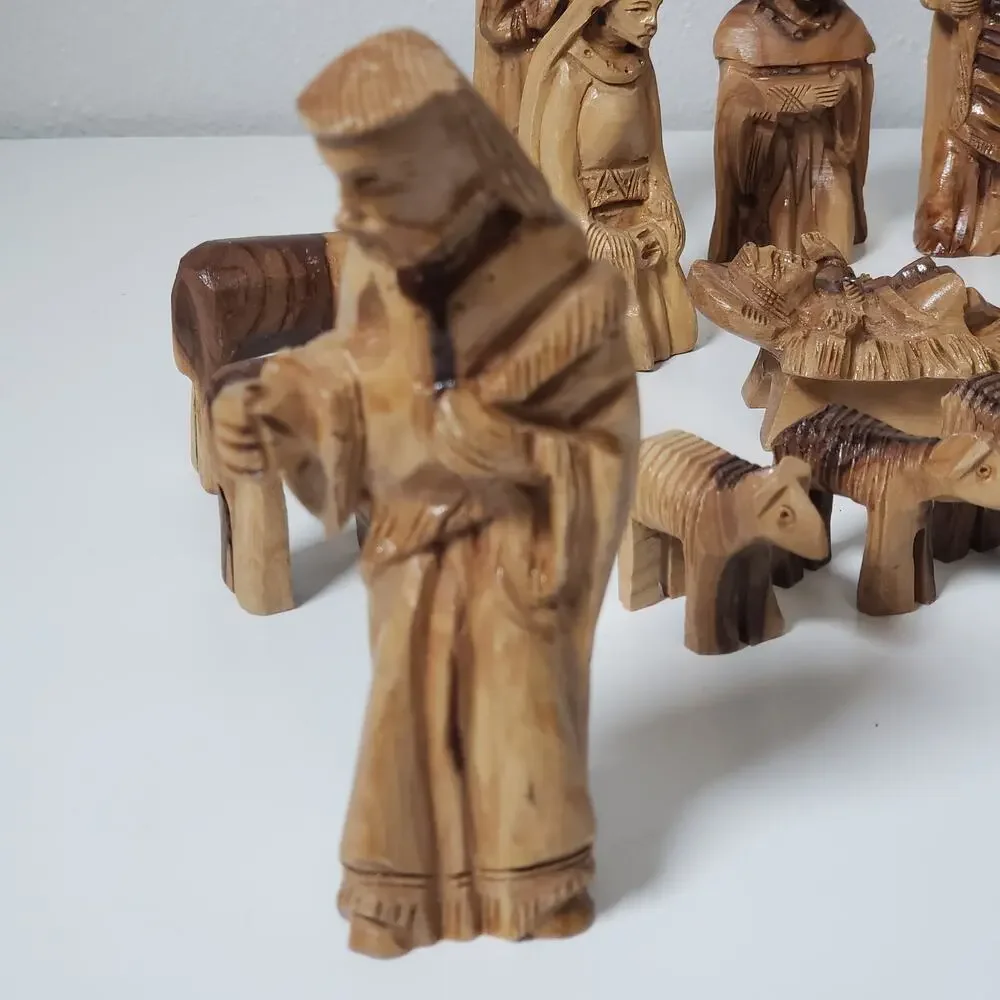 Hand Carved Wood 15PC Nativity Scene Neutral Tan Minimalist Rustic Aesthetic